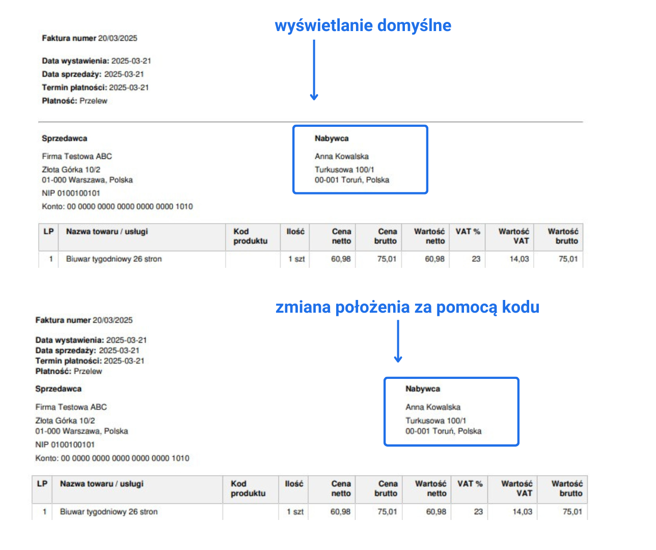 Porównanie domyślnego i zmodyfikowanego CSS-em położenia danych nabywcy na fakturze wygenerowanej w systemie Fakturownia.