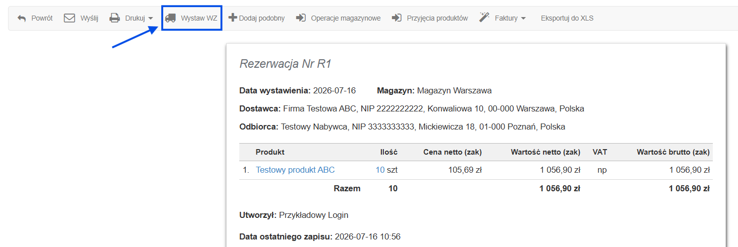 Utworzenie dokumentu WZ na podstawie dokumentu magazynowego rezerwacja.
