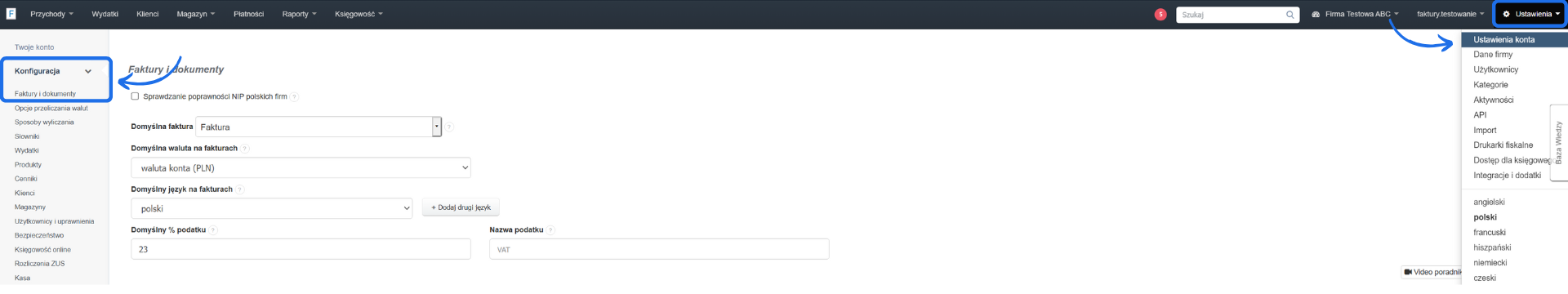 Ustawienia konta w Fakturowni z możliwością konfiguracji ustawień dotyczących dokumentów w tym domyślnych uwag na dokumencie.