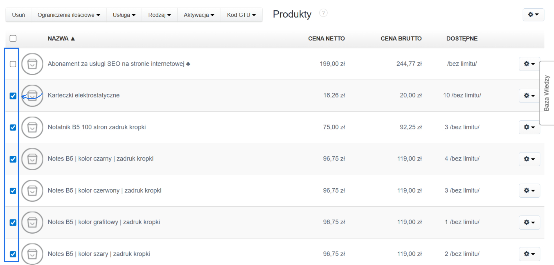 Lista produktów z zaznaczonymi polami wyboru przy wybranych produktach i aktywnym menu podręcznym dla produktów.
