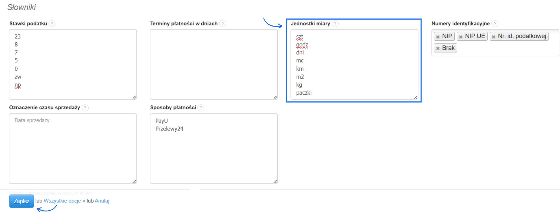 Ustawienia słowników w panelu konfiguracji z listą jednostek miary oraz opcjami jak stawki podatku, terminy i sposoby płatności. 