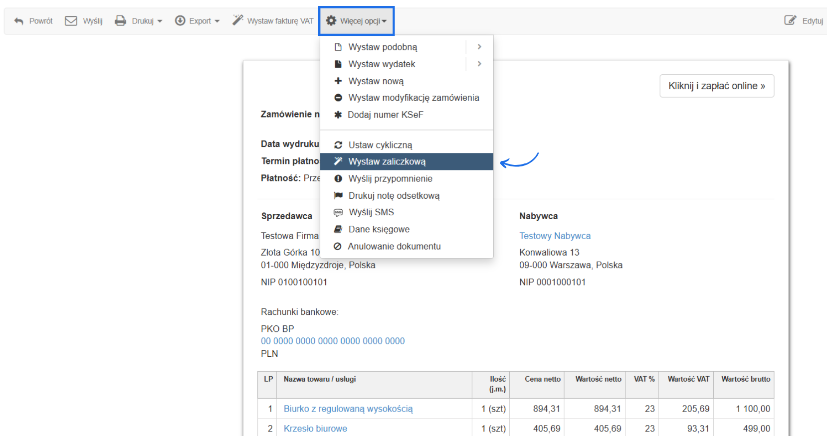 Podgląd zamówienia w systemie fakturowania z opcją wystawienia faktury zaliczkowej, zawierający szczegóły zamówienia, ceny i dane kontrahentów.