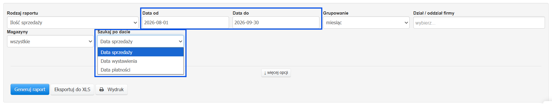 Podstawowe filtry raportu ilość sprzedaży jak zakres dat, dział, magazyn czy kluczowa data faktury.