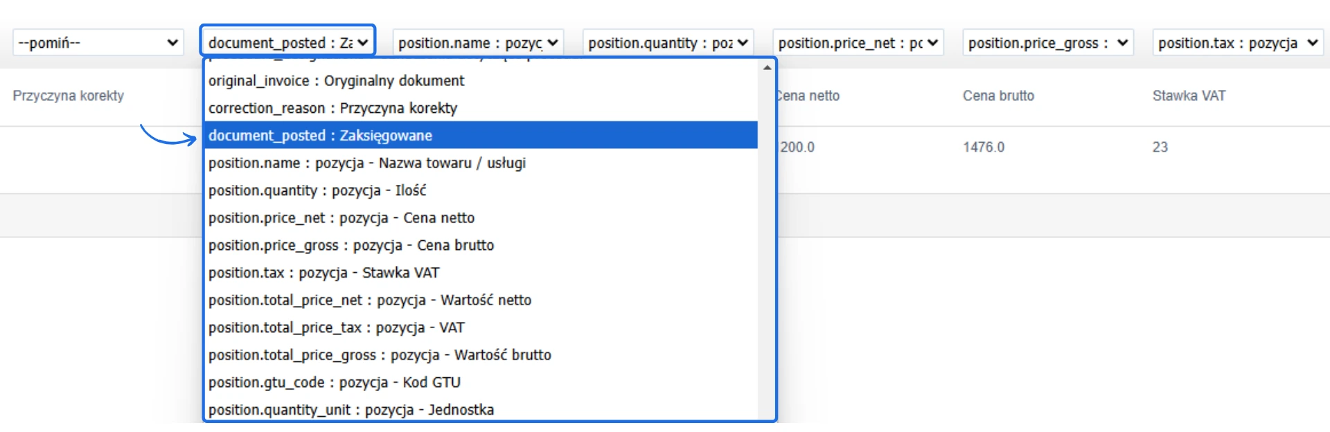 Lista zmiennych do importu danych w Fakturowni z zaznaczoną opcją 'document_posted: Zaksięgowane' oraz innymi parametrami faktur i pozycji.