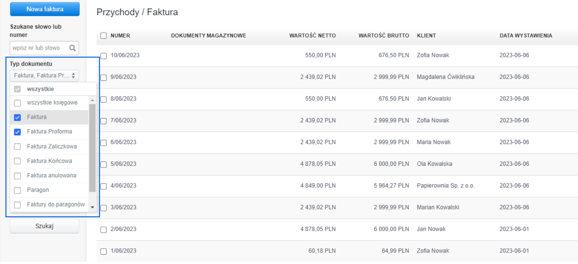 Panel filtrowania faktur z opcją wyboru typu dokumentu, pokazujący listę faktur z różnymi wartościami netto i brutto oraz datami wystawienia.