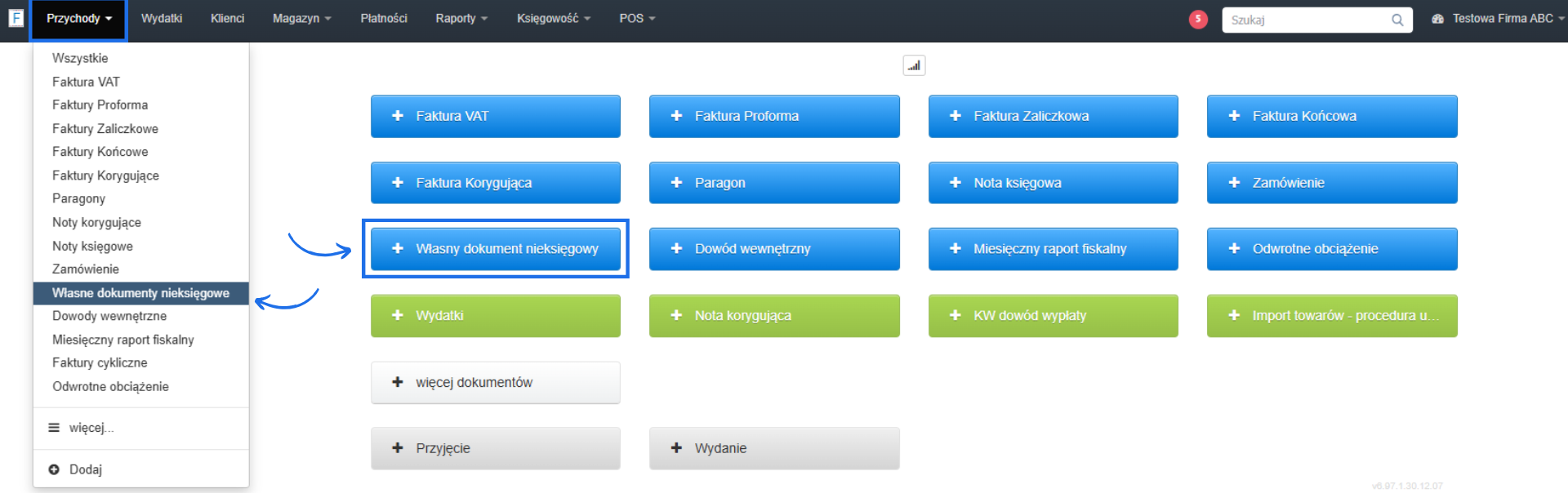Menu Fakturowni z podświetloną opcją Własny dokument nieksięgowy w sekcji Przychody oraz przyciskiem dodawania.