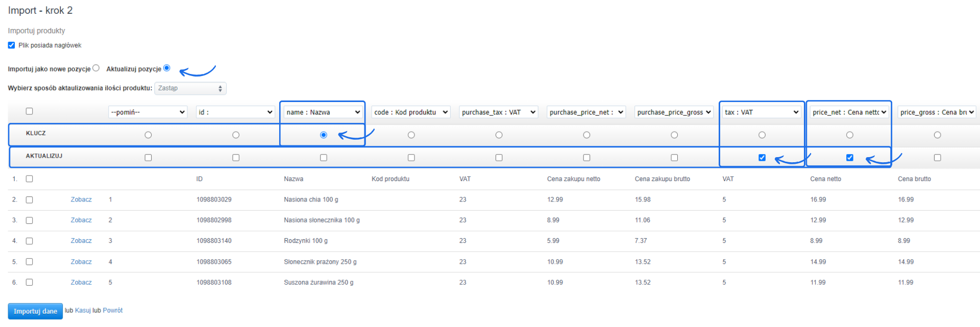 Zrzut ekranu procesu aktualizacji pozycji produktu z ustawionym polem 'VAT', 'Cena netto' i 'Cena brutto' podczas importu danych.