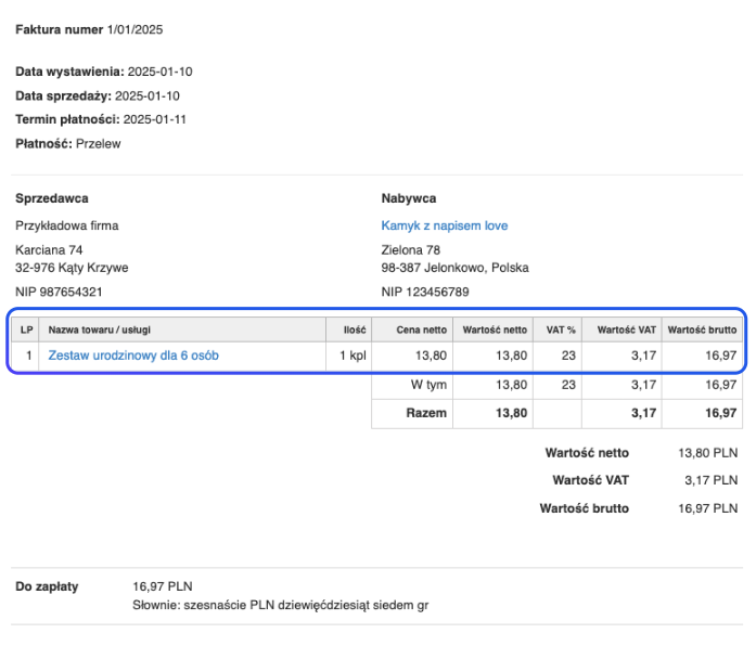 Faktura z zestawem urodzinowym dla 6 osób - cena netto 13,80 zł, VAT 23%, cena brutto 16,97 zł, ilość 1 kpl, szczegóły płatności.
