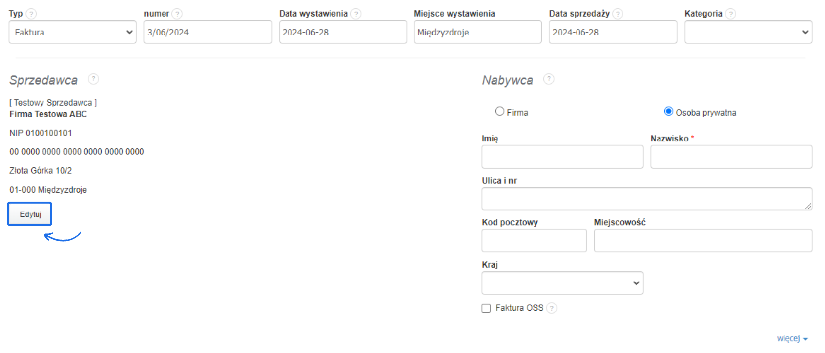 Formularz faktury z możliwością edycji danych sprzedawcy, w tym pola do wprowadzenia danych nabywcy oraz szczegółów dotyczących faktury.