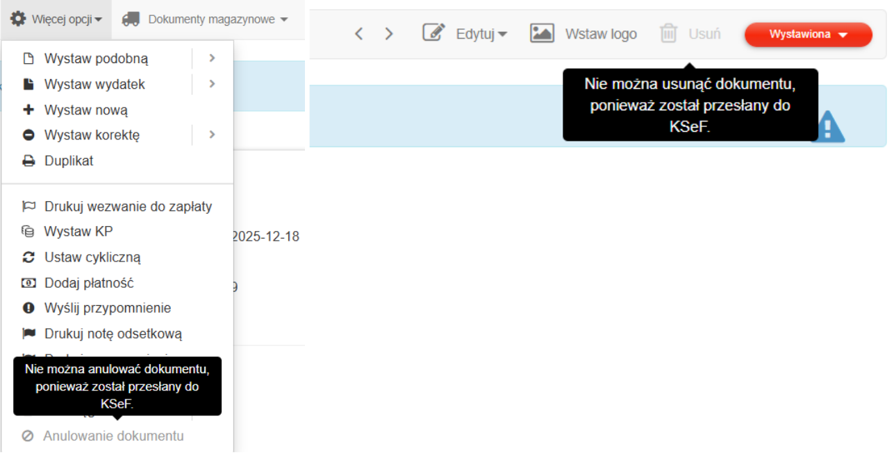 Komunikaty systemowe przy próbie anulowania lub usunięcia dokumentu przesłanego do KSeF.