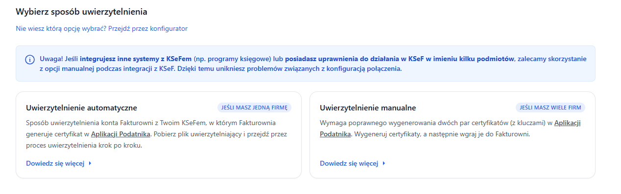 Ekran wyboru metody uwierzytelnienia KSeF po pominięciu konfiguratora w Fakturowni.