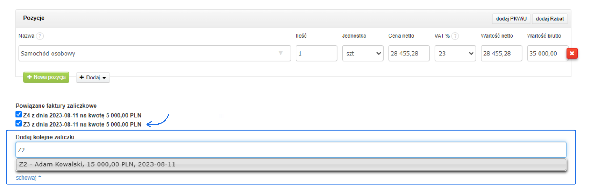 Ekran faktury z pozycją 'Samochód osobowy' oraz powiązanymi fakturami zaliczkowymi Z4 i Z3, każda na kwotę 5 000,00 PLN.