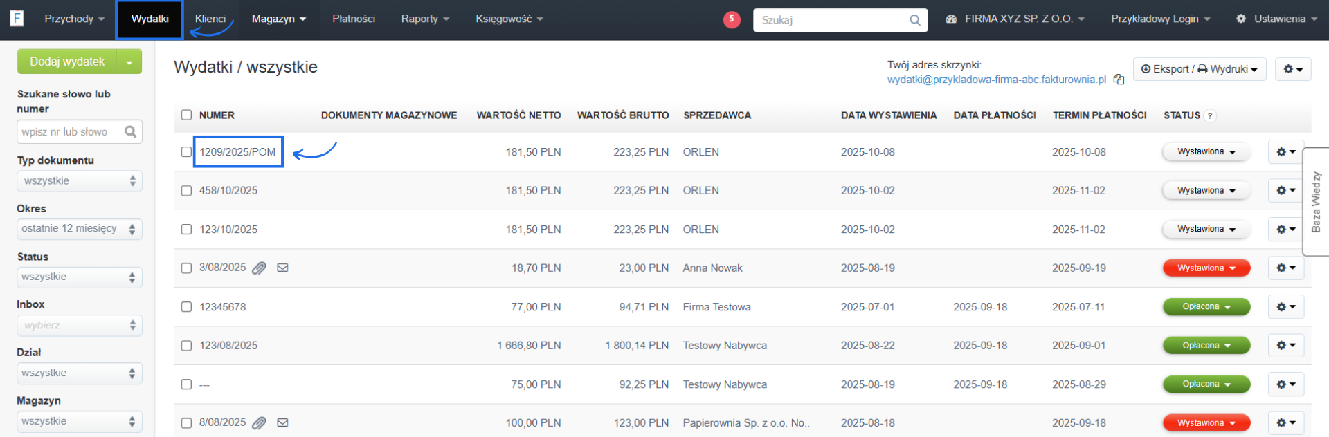 Lista faktur kosztowych w systemie Fakturownia z podstawowymi informacjami o dodanym wydatku i z wybranym wydatkiem o numerze 1209/2025/POM.