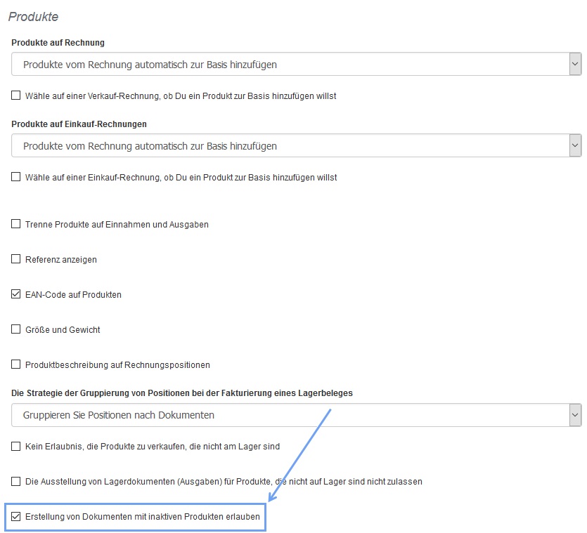 Rechnung mit inaktiven Produkten