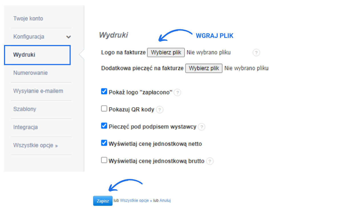 Panel ustawień wydruków z opcjami dodania logo i pieczęci na fakturze, pokazania logo zapłacono oraz wyświetlania ceny jednostkowej netto.