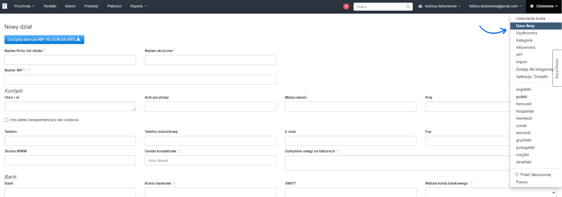 Formularz dodawania nowego działu firmy z opcją zaczytania danych po NIP, REGON lub KRS, dostępny w zakładce Dane firmy w ustawieniach.