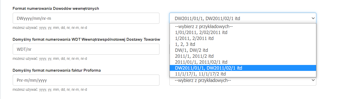 Ustawienia formatu numerowania dokumentów wewnętrznych, pokazujące opcje dla Dowodów wewnętrznych i faktur Proforma.