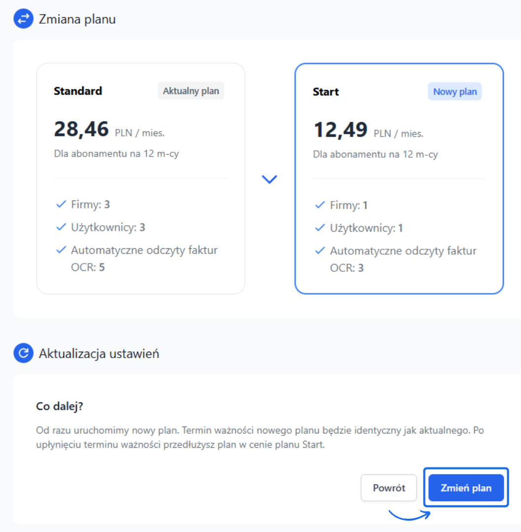 Zmiana planu w Fakturowni – przejście z planu Standard na Start. Nowy plan obejmuje mniej firm, użytkowników i automatycznych odczytów OCR.
