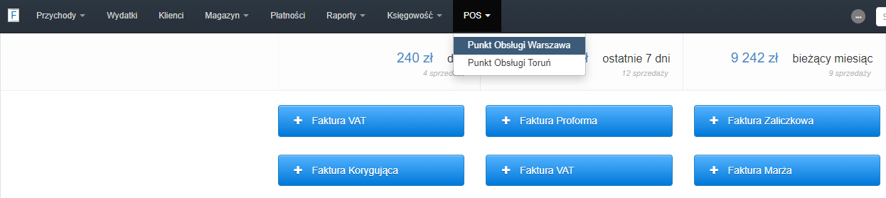Widok zakładek w systemie do fakturowania online z aktywną zakładką POS i dostępnymi do wyboru punktami sprzedaży w Warszawie i Toruniu.
