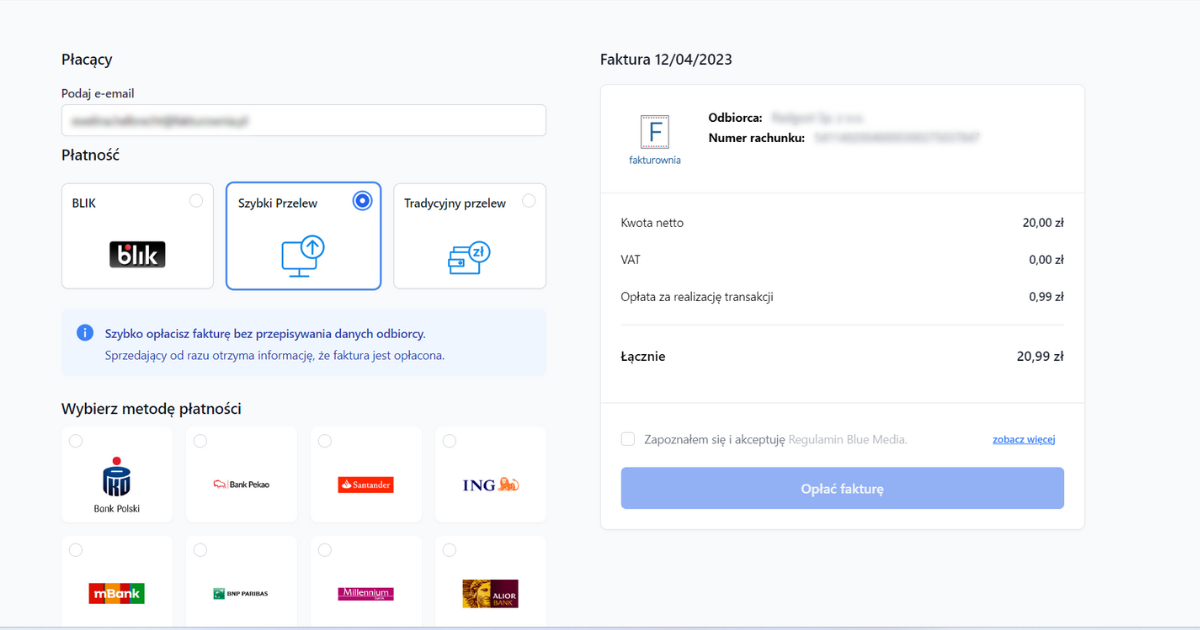 Ekran płatności online z wyborem metody: BLIK, szybki przelew, tradycyjny przelew, opcje banków oraz szczegóły faktury z podsumowaniem kwoty do zapłaty.