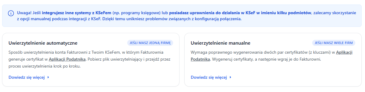 Wybór sposobu uwierzytelnienia KSeF w Fakturowni: automatyczne lub manualne z opisem konfiguracji.