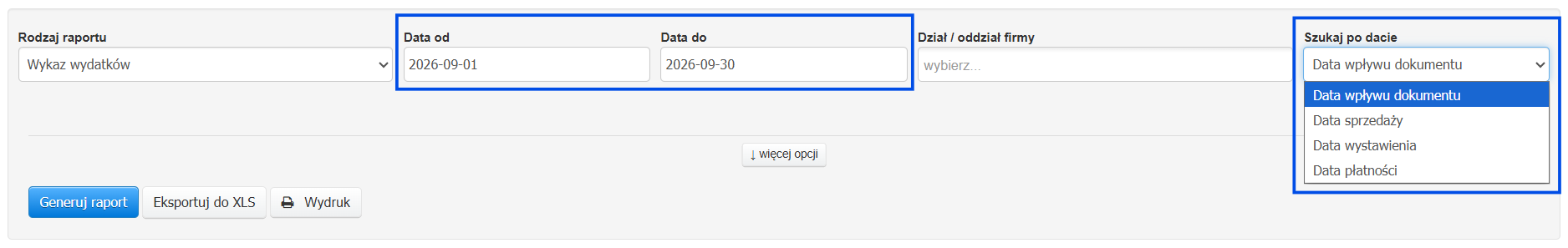 Podstawowe filtry raportu wykaz wydatków z opcją ustawienia zakresu dat oraz szukania po dacie.