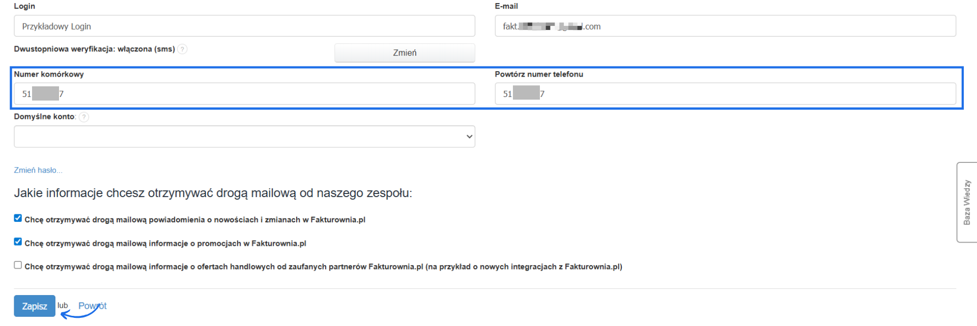 Formularz edycji danych użytkownika z opcją zmiany numeru telefonu i wymaganym powtórzeniem zmienianej wartości.