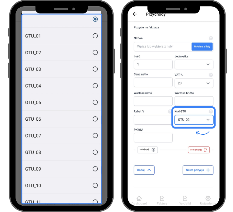 Zrzut ekranu z aplikacji mobilnej, pokazujący listę kodów GTU do wyboru (GTU_01, GTU_02, itp.) oraz formularz z wybranym kodem GTU_02 dla pozycji na fakturze.