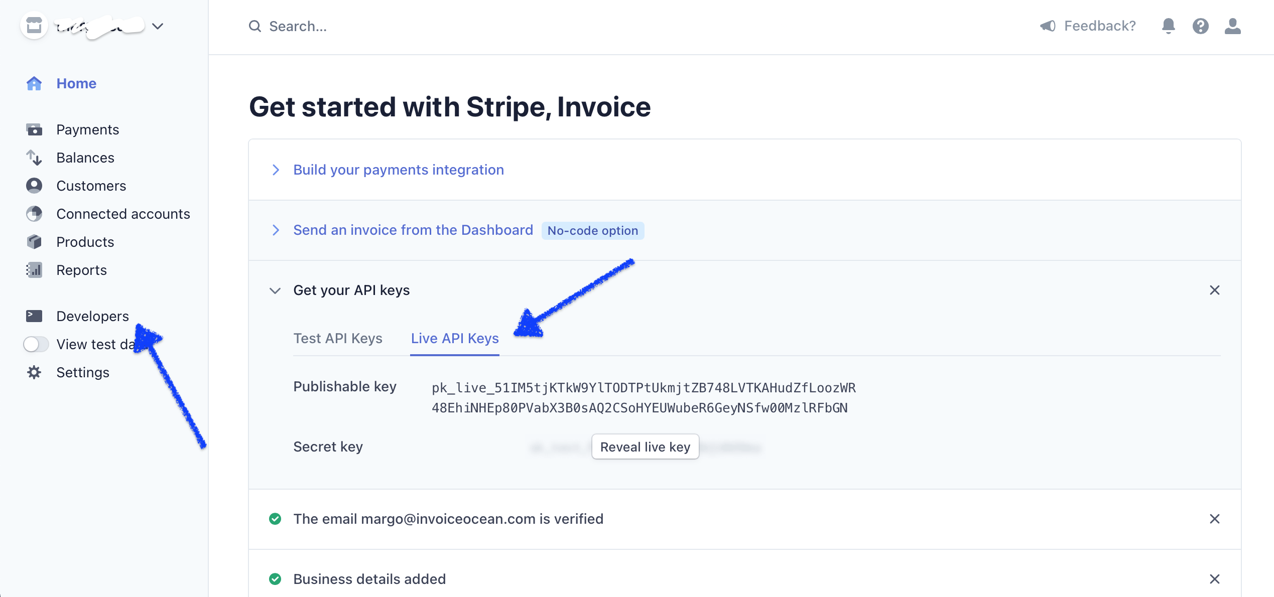 How to find API keys in Stripe