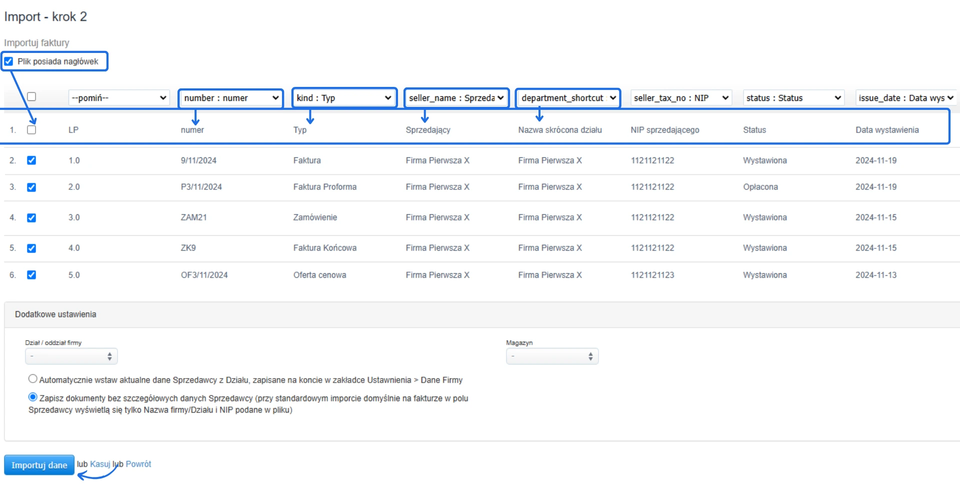 Podgląd ustawień importu faktur w systemie księgowym, z przypisanymi kolumnami i opcją wyboru dodatkowych ustawień oraz magazynu.