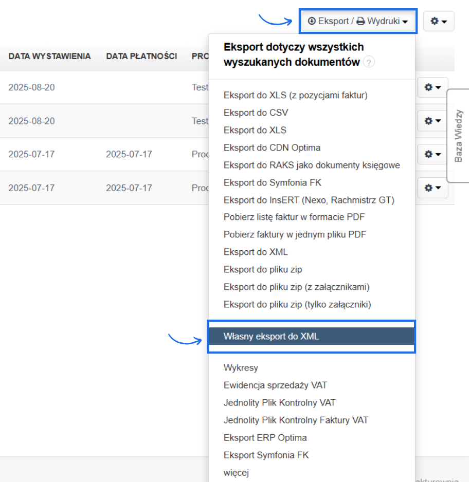 Lista eksportów dostępna na liście dokumentów wystawionych w systemie do fakturowania online po kliknięciu przycisku Eksport/Wydruki.