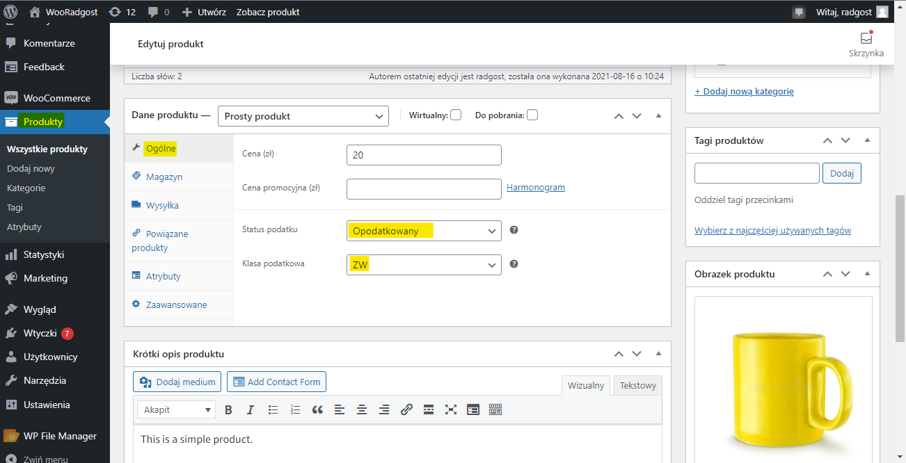 Edycja produktu w WooCommerce z zaznaczonymi opcjami statusu podatku 'Opodatkowany' i klasy podatkowej 'ZW'.