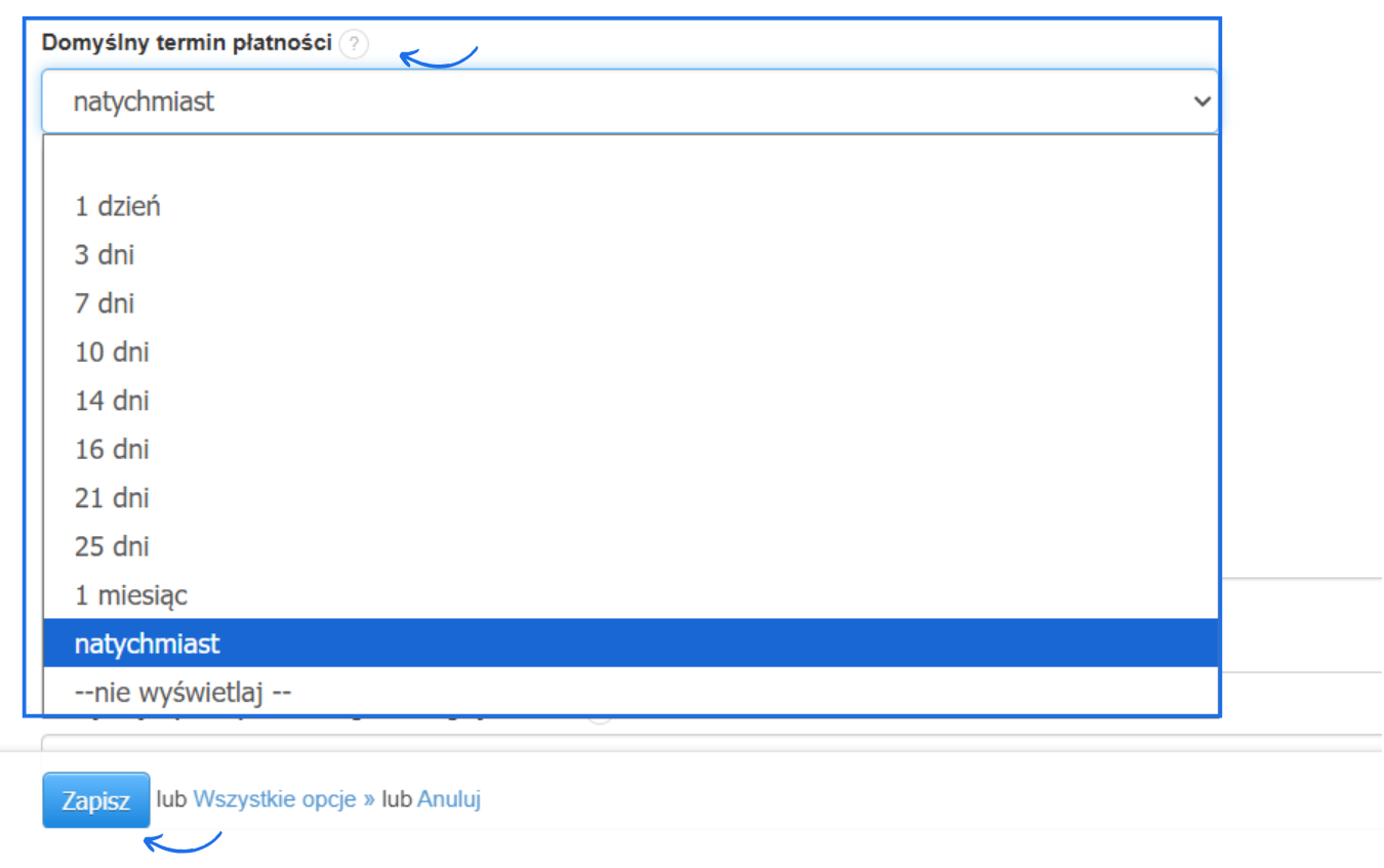 Domyślny termin płatności w ustawieniach ogólnych konta systemu Fakturownia.