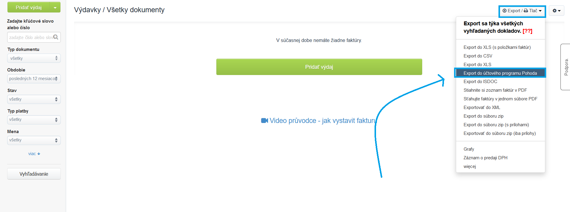 Export do ucetniho programu Pohoda