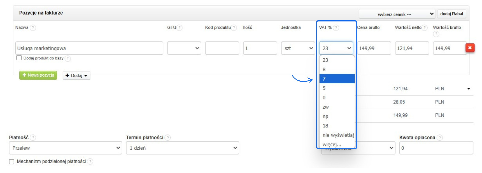 Edycja pozycji na fakturze w systemie Fakturownia, z rozwiniętą listą wyboru stawek VAT i zaznaczoną stawką 7%.