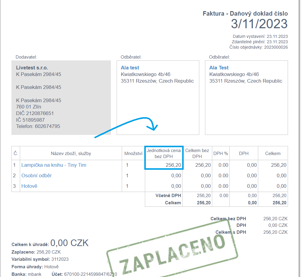 Faktura jednotkova cena bez DPH