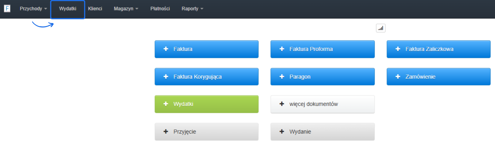 Panel Fakturowni z zaznaczoną zakładką 'Wydatki' oraz przyciskami do tworzenia faktur, paragonów, zamówień i innych dokumentów księgowych.