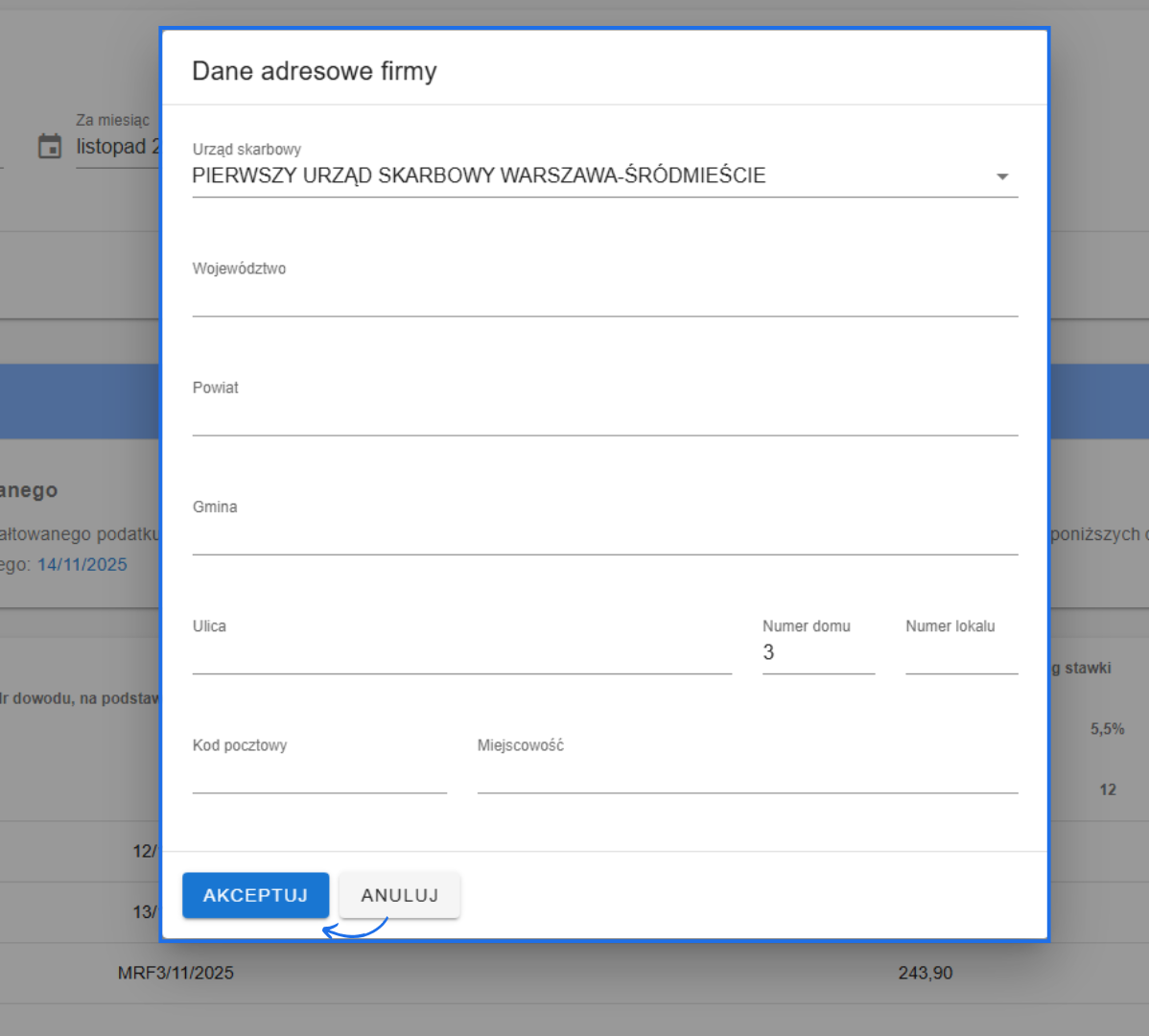 Formularz dostępny w ramach generowania raportu JPK EWP, który wymaga podania danych adresowych firmy.