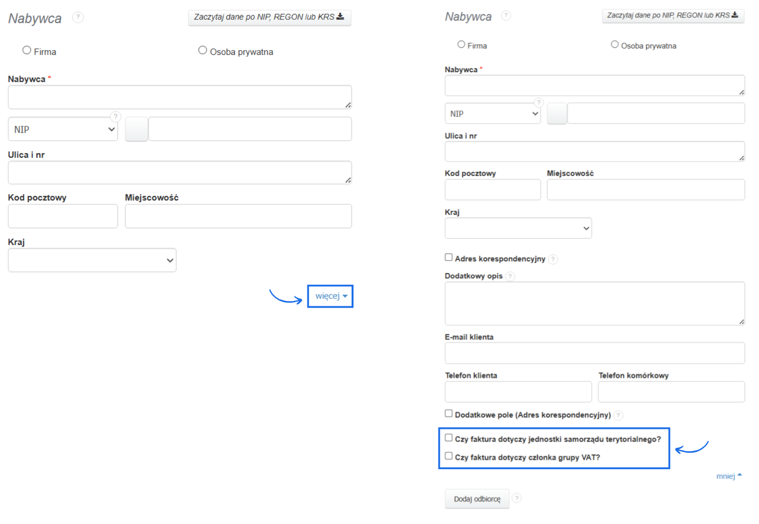 Dane Nabywcy w formularzu tworzenia faktury z dodatkowymi opcjami czy faktura dotyczy jednostki samorządu terytorialnego i czy faktura dotyczy członka grupy VAT.