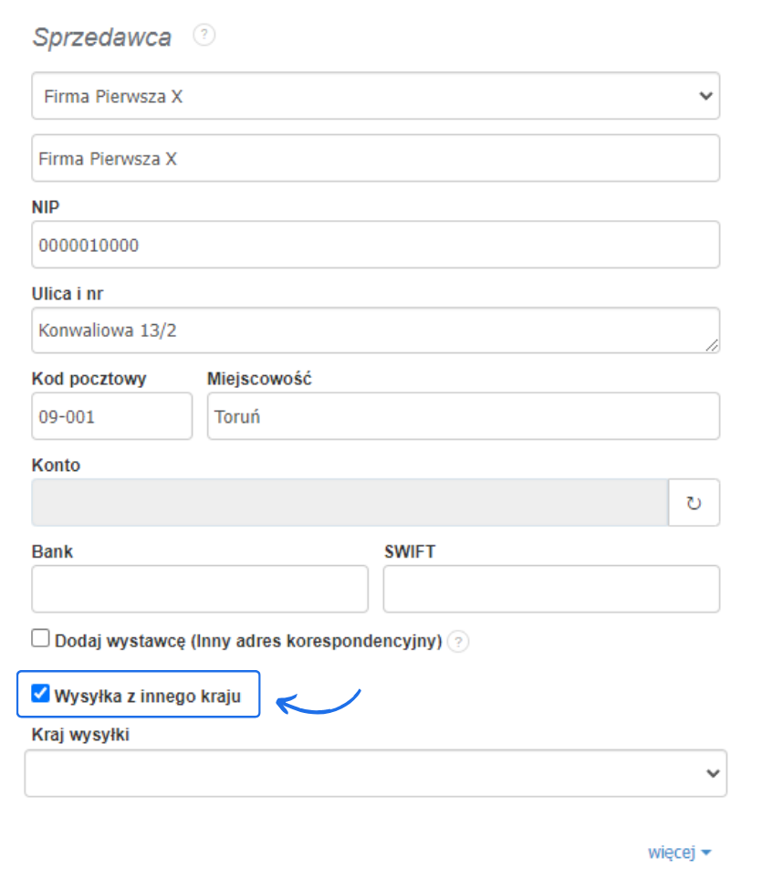 Formularz danych sprzedawcy z zaznaczoną opcją „Wysyłka z innego kraju” w systemie Fakturownia.