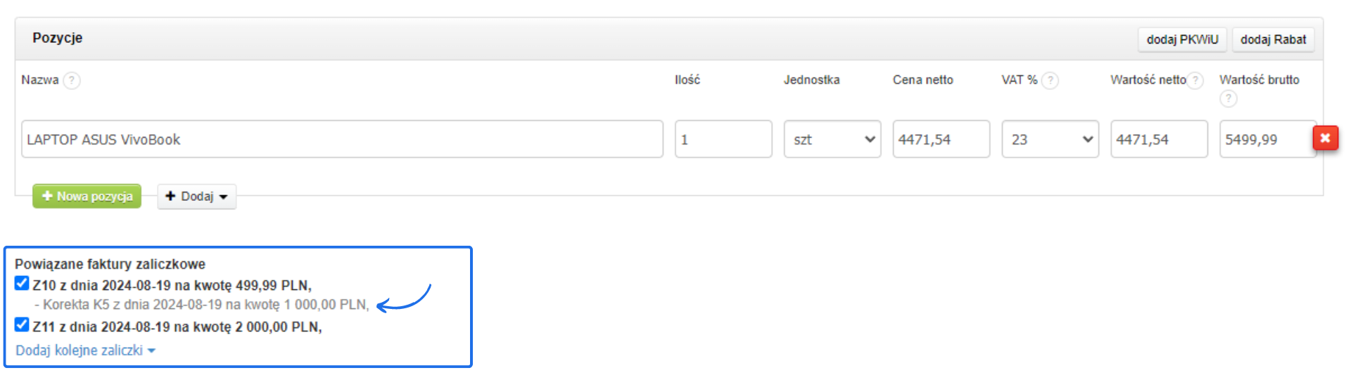 Formularz faktury końcowej z pozycją 'Laptop ASUS VivoBook' oraz powiązanymi fakturami zaliczkowymi, w tym korektą do jednej z nich.
