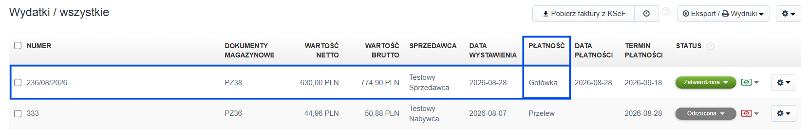 Lista faktur kosztowych z aktywną kolumną forma płatności i opcją gotówka.