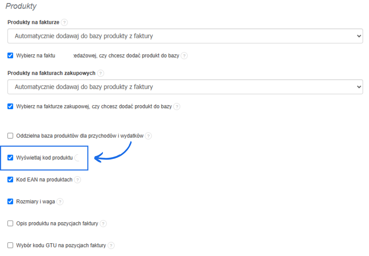 Ustawienia produktów z zaznaczoną opcją „Wyświetlaj kod produktu” w systemie fakturowania online.