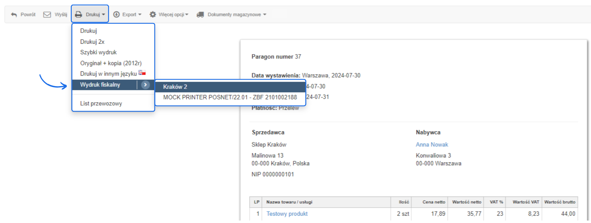 Wybór drukarki fiskalnej do wydruku paragonu w systemie Fakturownia.pl, z opcją wyboru Kraków 2 MOCK PRINTER POSNET/22.01.
