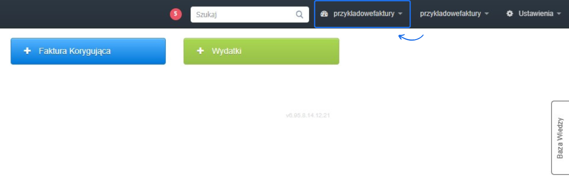 Interfejs Fakturownia.pl z aktywnym menu wyboru konta 'przykladowefaktury' i przyciskami do dodawania faktury korygującej oraz wydatków.
