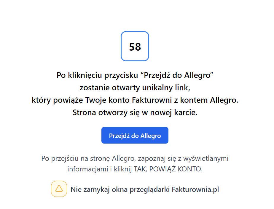 Instrukcja powiązania kont w systemie Fakturowni i Allegro z przyciskiem 'Przejdź do Allegro'.