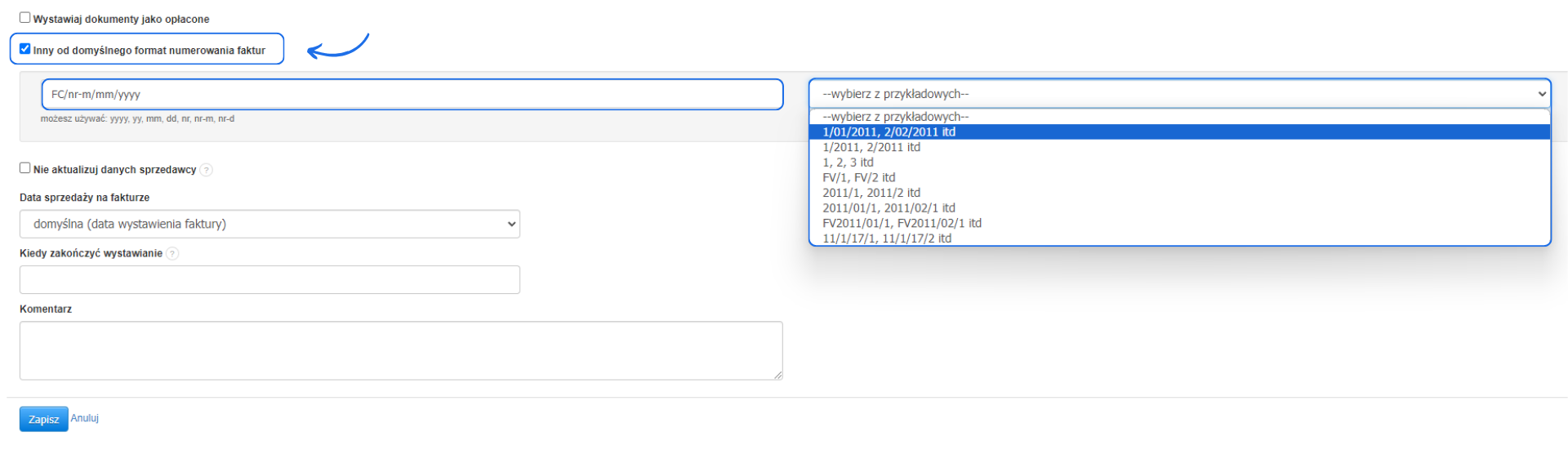 Aktywna opcja innego formatu numerowania dokumentów z możliwością wyboru formatu numeracji z przykładowych formatów.