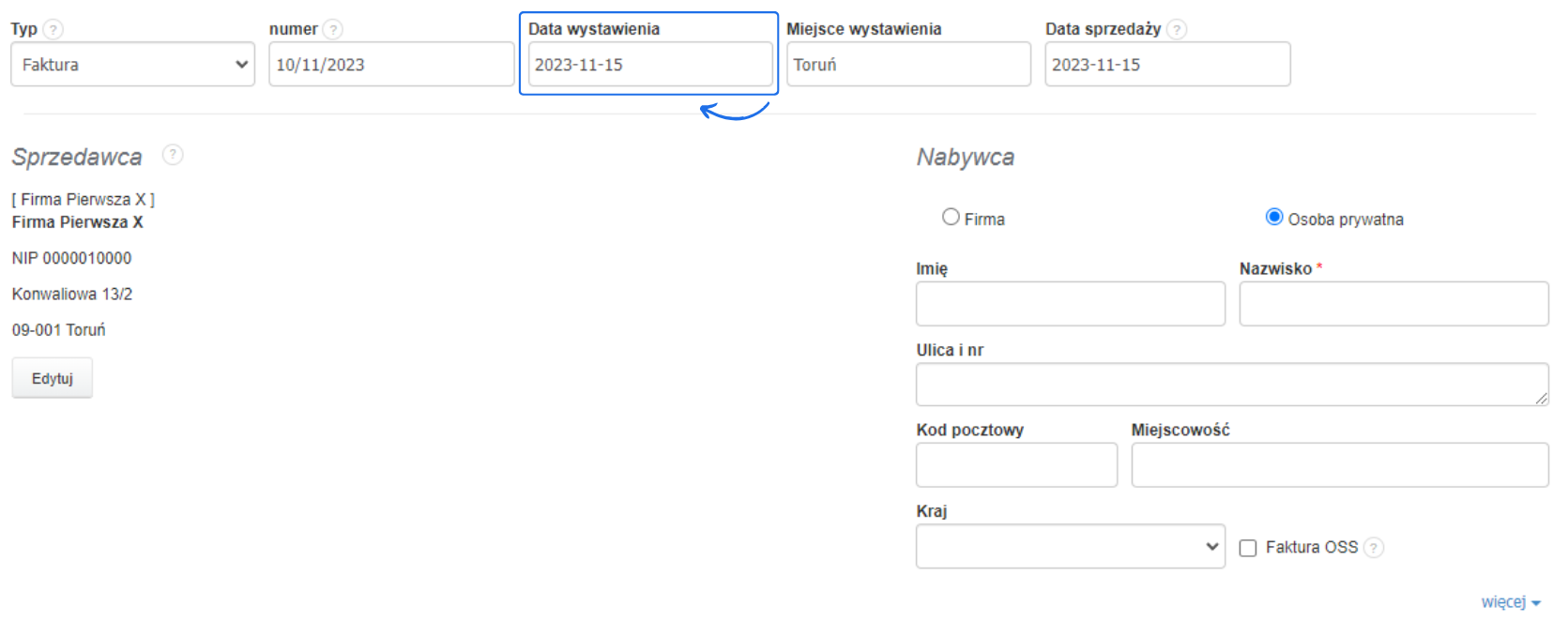 Formularz wystawiania faktury w Fakturowni z polami 'Data wystawienia', 'Miejsce wystawienia', 'Nabywca' oraz szczegółami sprzedawcy.