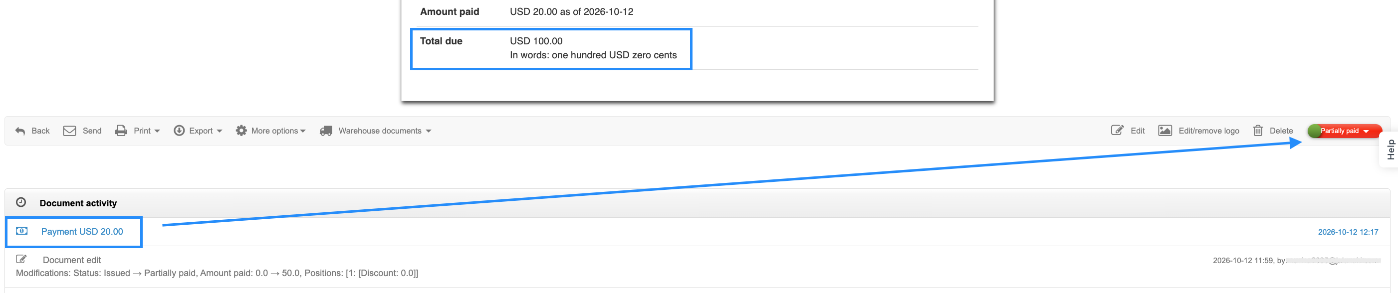 Document activity showing a payment assigned to the invoice
