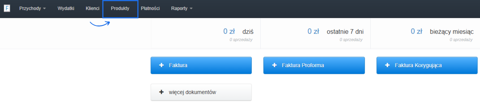 Widok panelu Fakturowni z zaznaczoną zakładką Produkty w górnym menu nawigacyjnym systemu.
